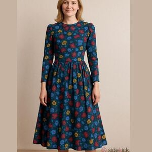 Vintage Albert Nipon Drop- Waist Dress Button Black Floral Long-Sleeve P…